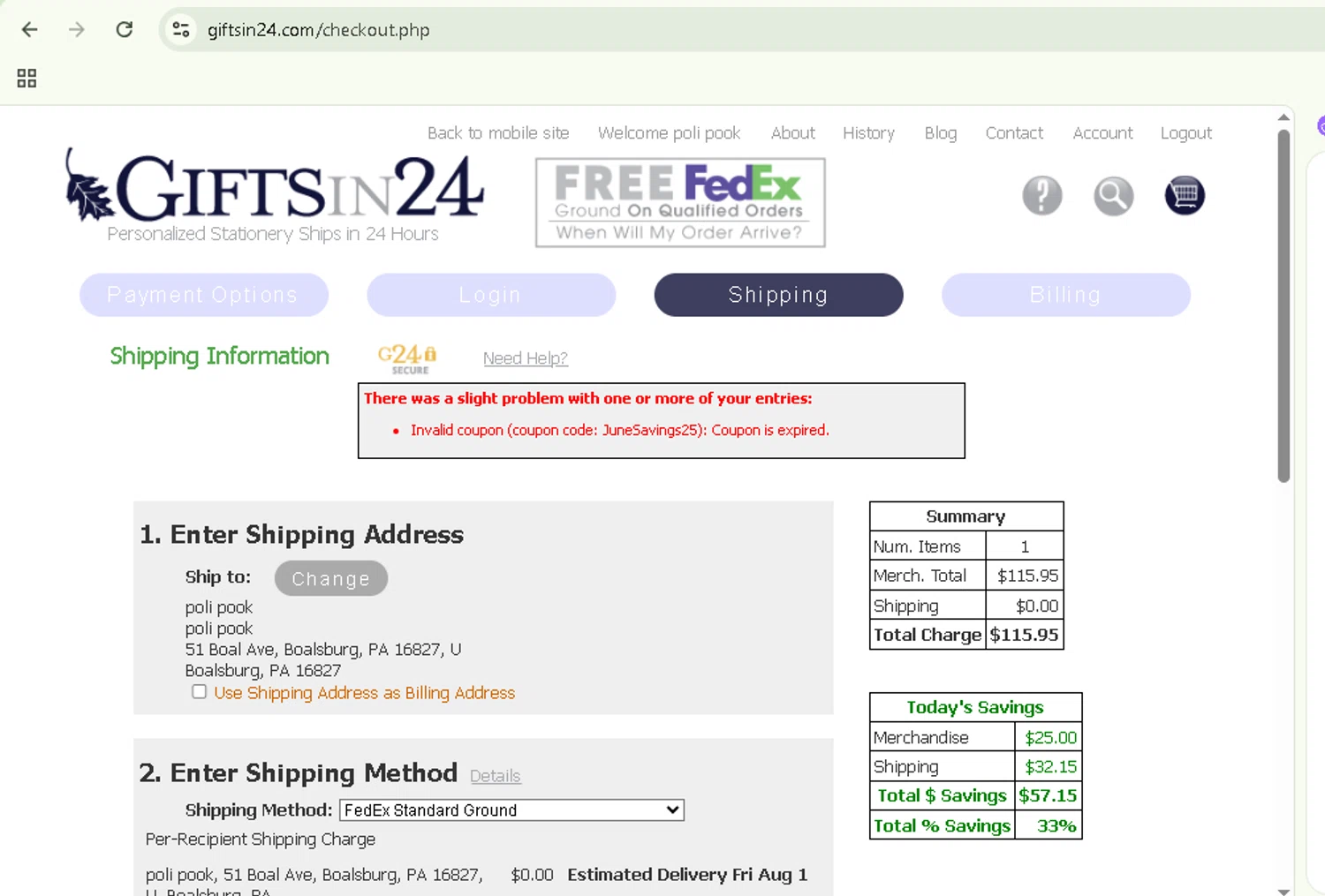 GIFTSin24 coupon code screenshot showing code JuneSavings25 applied at GIFTSin24 checkout page. Uploaded by SimplyCodes community member NobleSentinel8535 on Jul 26, 2025