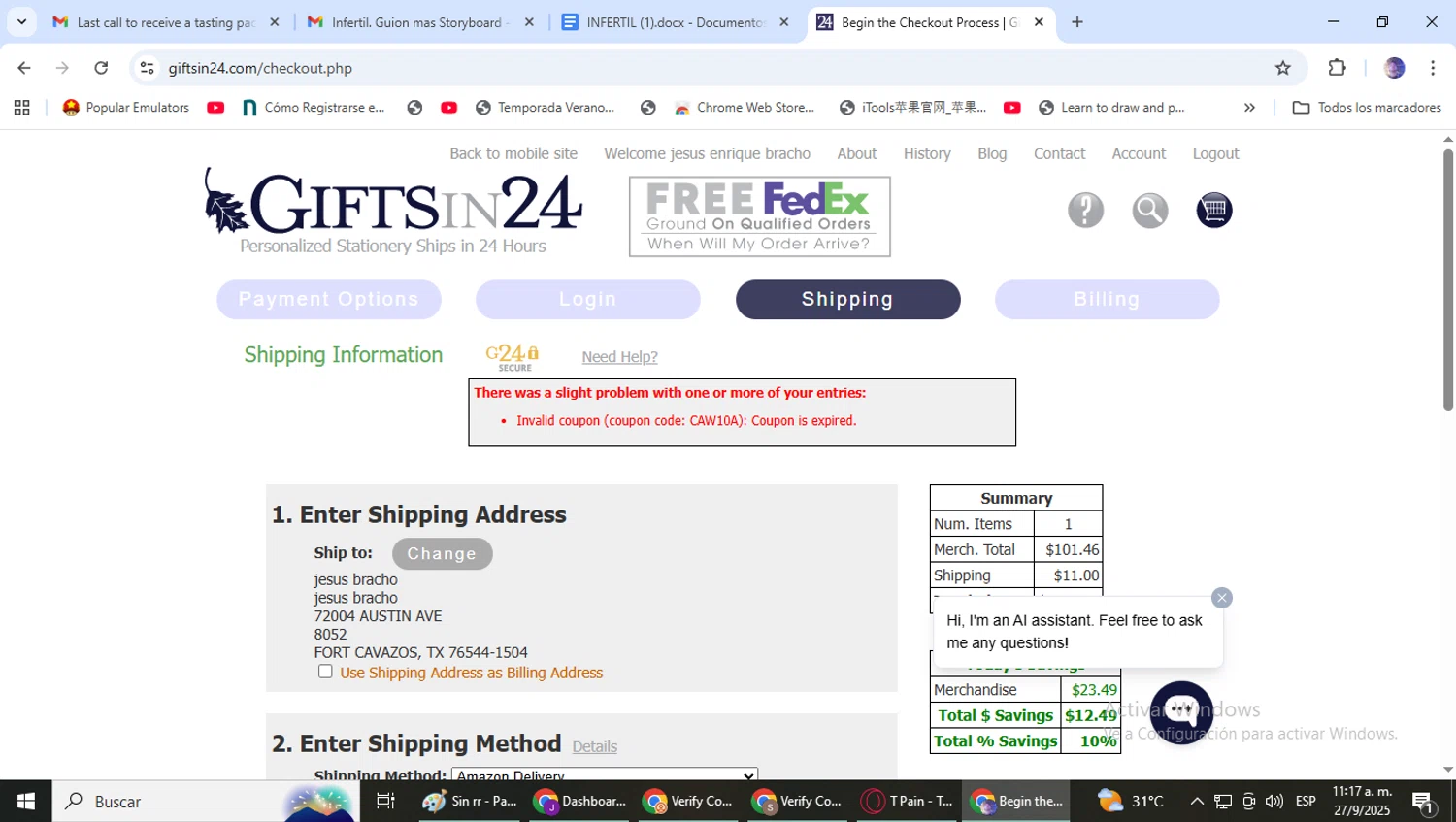 GIFTSin24 coupon code screenshot showing code CAW10A applied at GIFTSin24 checkout page. Uploaded by SimplyCodes community member CrownPhoenix4297 on Sep 27, 2025