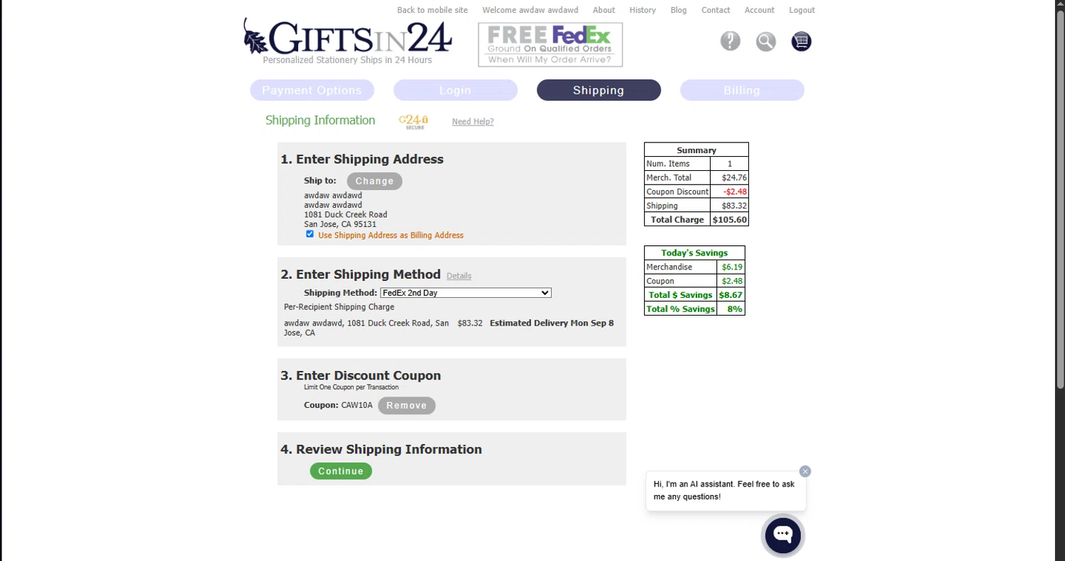 GIFTSin24 coupon code screenshot showing code CAW10A applied at GIFTSin24 checkout page. Uploaded by SimplyCodes community member WoskalRevenge on Aug 29, 2025