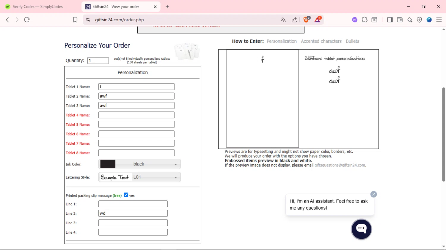 GIFTSin24 coupon code screenshot showing code CAW10A applied at GIFTSin24 checkout page. Uploaded by SimplyCodes community member fabianmartinez on Sep 27, 2025