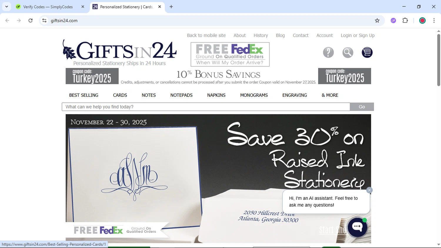 GIFTSin24 checkout page showing GIFTSin24 coupon code box | Screenshot taken by SimplyCodes community member on Nov 27, 2025