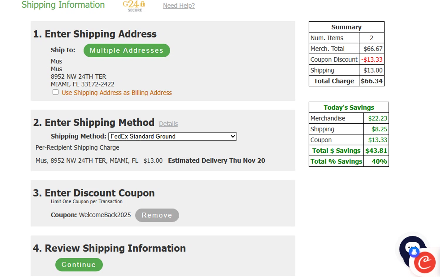 GIFTSin24 coupon code screenshot showing code WelcomeBack2025 applied at GIFTSin24 checkout page. Uploaded by SimplyCodes community member bettercallkim on Nov 8, 2025