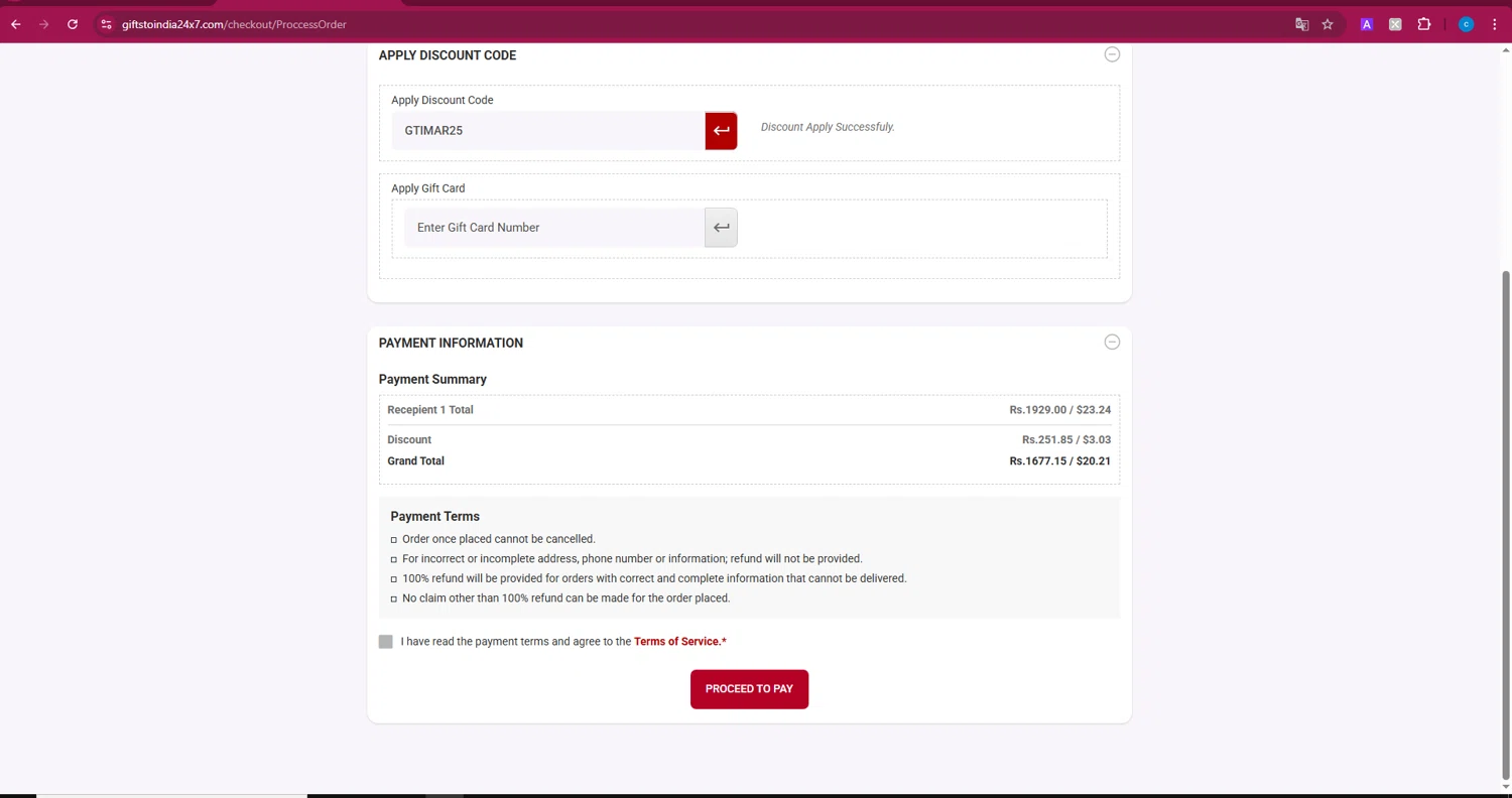 Giftstoindia24x7.com checkout page showing Giftstoindia24x7.com promo code box | Screenshot taken by SimplyCodes community member on Mar 20, 2025