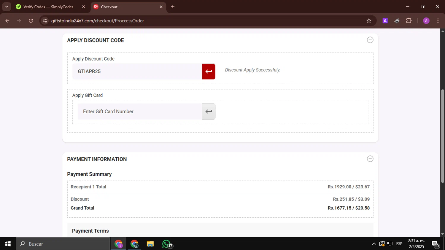 Giftstoindia24x7.com checkout page showing Giftstoindia24x7.com promo code box | Screenshot taken by SimplyCodes community member on Apr 2, 2025