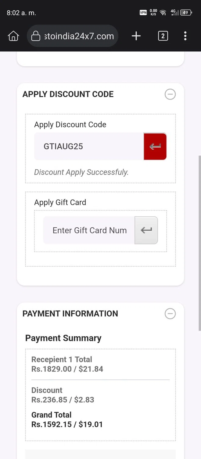 Giftstoindia24x7.com checkout page showing Giftstoindia24x7.com promo code box | Screenshot taken by SimplyCodes community member on Aug 31, 2025
