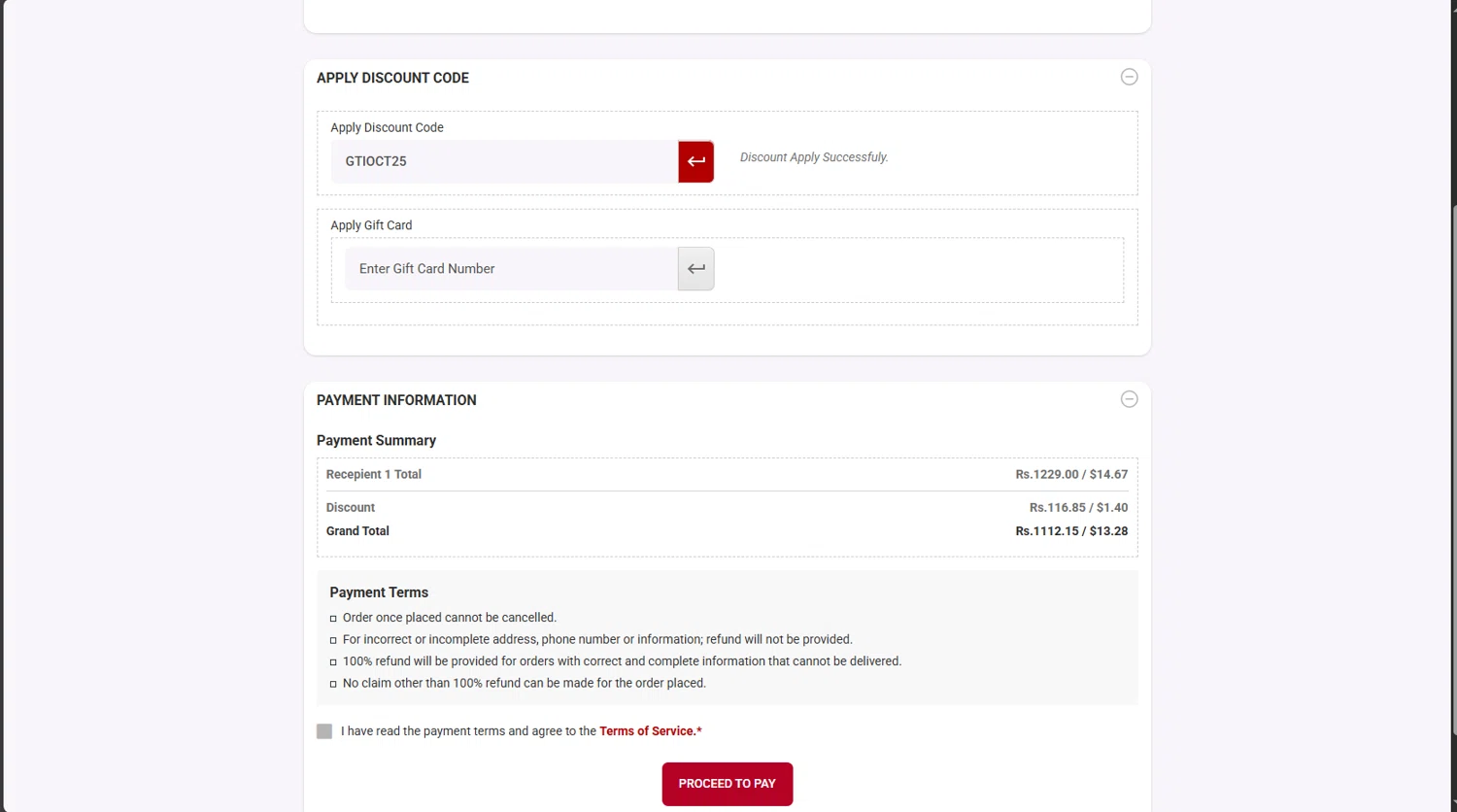 Giftstoindia24x7.com checkout page showing Giftstoindia24x7.com promo code box | Screenshot taken by SimplyCodes community member on Oct 3, 2025