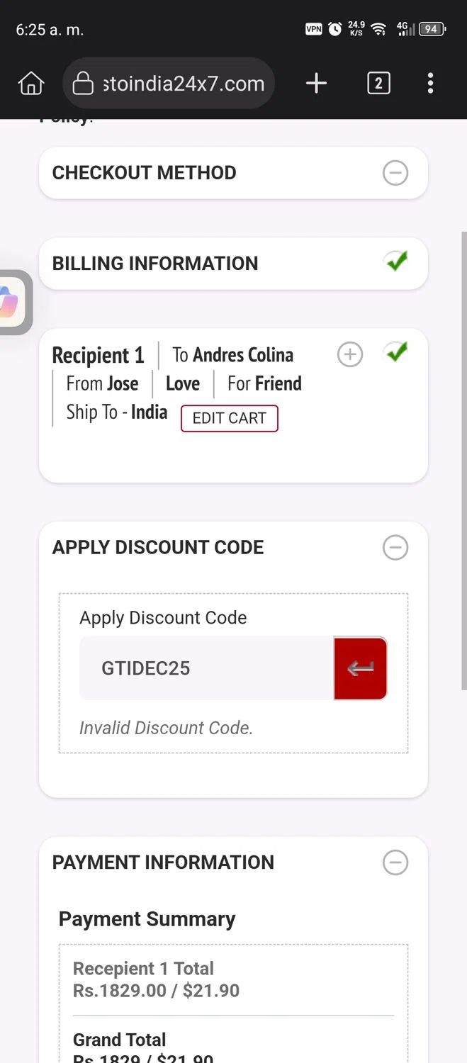 Giftstoindia24x7.com promo code screenshot showing code GTIDEC25 applied at Giftstoindia24x7.com checkout page. Uploaded by SimplyCodes community member Diego_Soto on Jan 4, 2026
