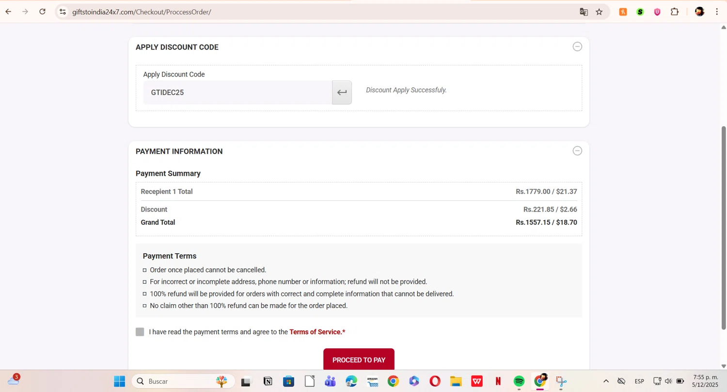 Giftstoindia24x7.com promo code screenshot showing code GTIDEC25 applied at Giftstoindia24x7.com checkout page. Uploaded by SimplyCodes community member ERI0810 on Dec 5, 2025