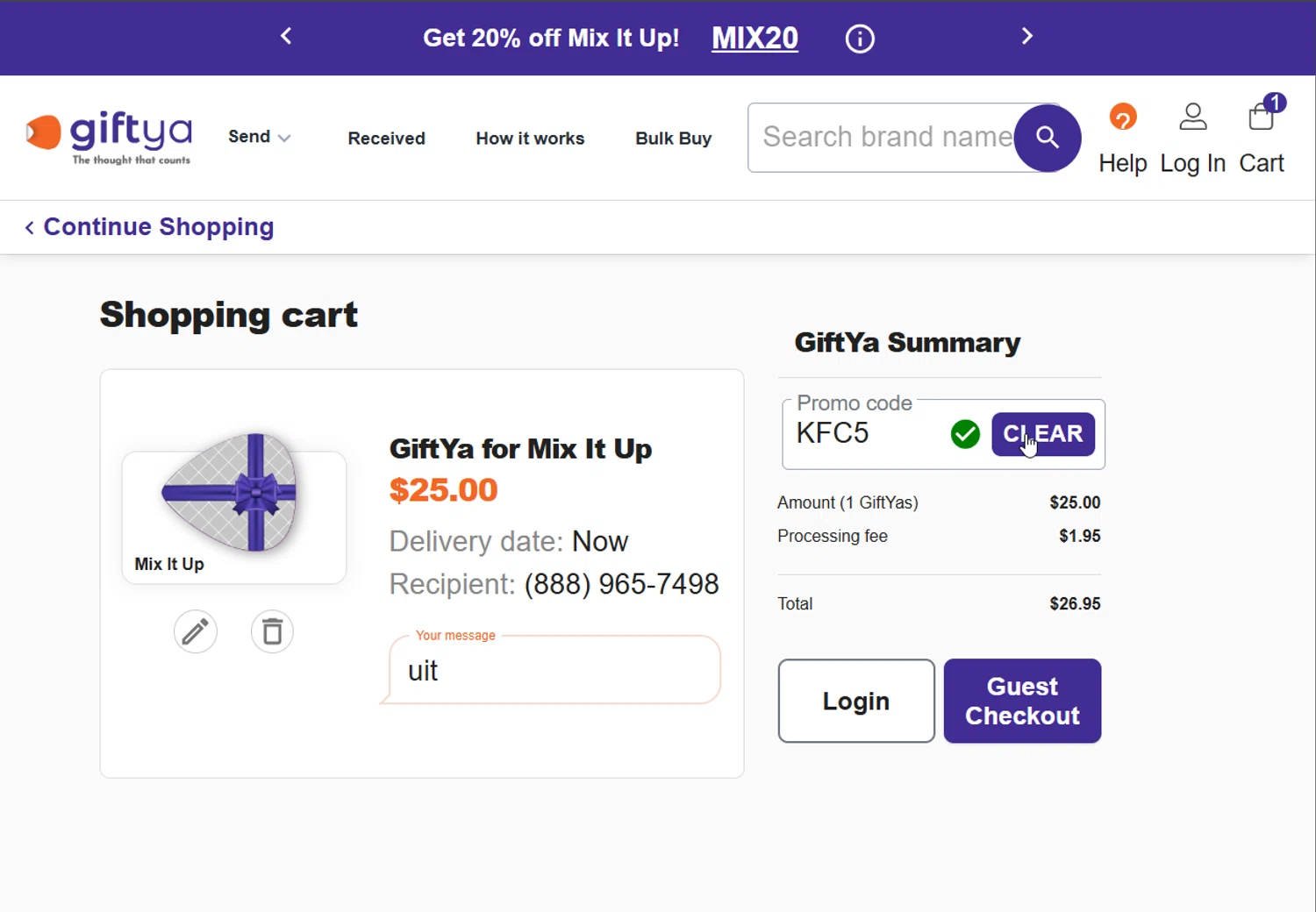 GiftYa checkout page showing GiftYa promo code box | Screenshot taken by SimplyCodes community member on Nov 28, 2024