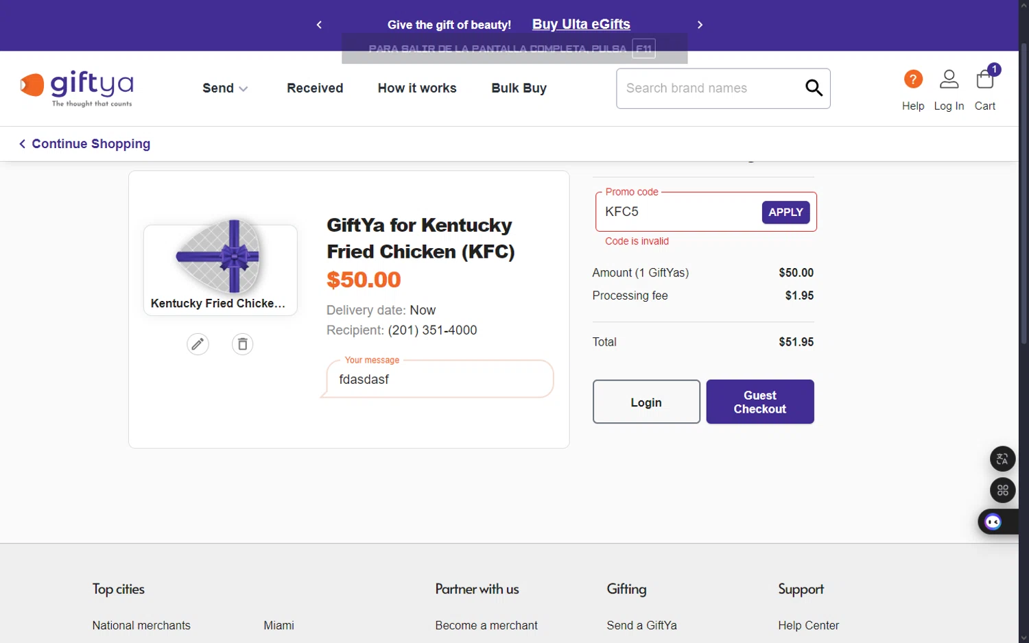 GiftYa promo code screenshot showing code KFC5 applied at GiftYa checkout page. Uploaded by SimplyCodes community member GAPP3003 on Jan 5, 2025