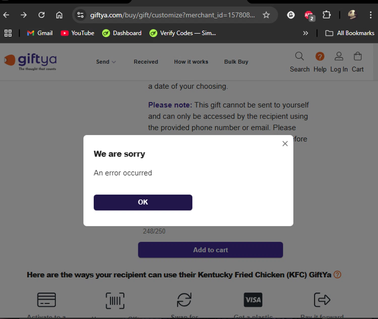 GiftYa checkout page showing GiftYa promo code box | Screenshot taken by SimplyCodes community member on Dec 7, 2024