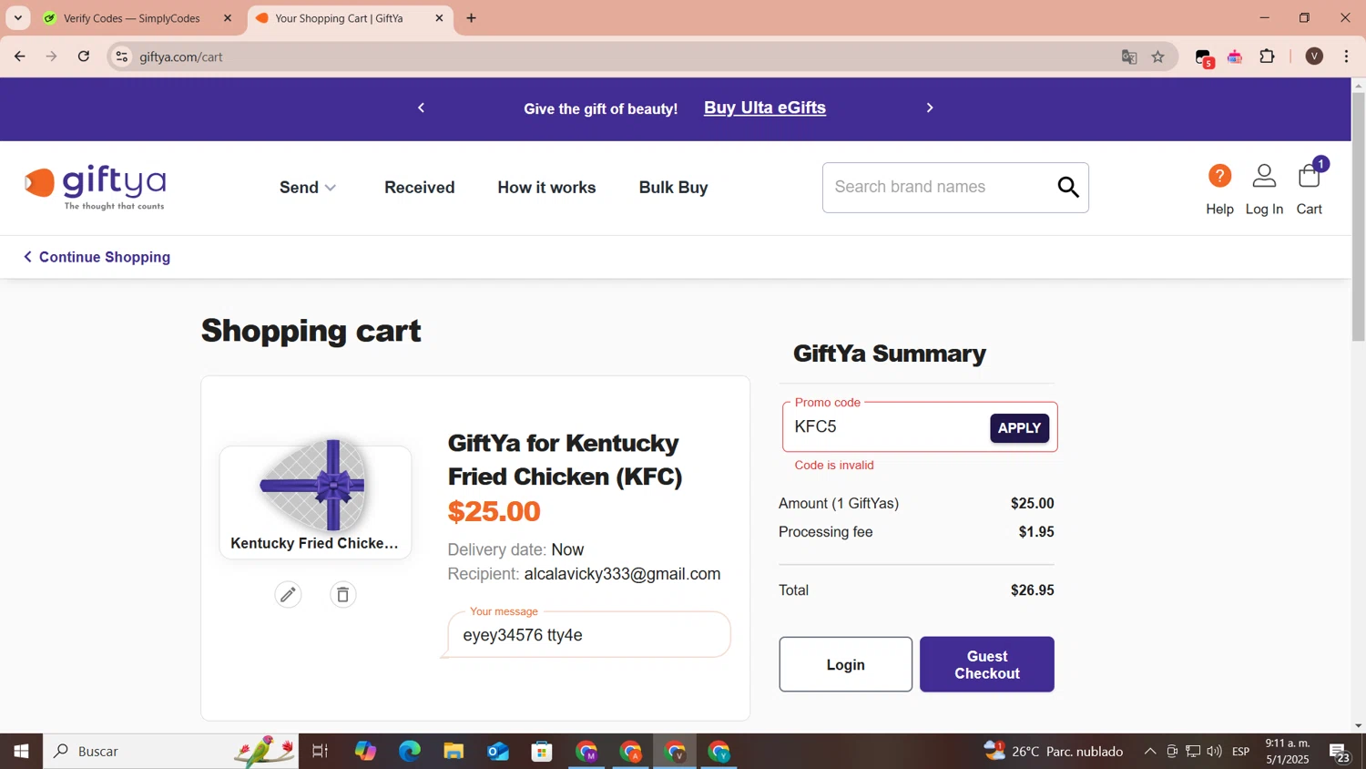 GiftYa promo code screenshot showing code KFC5 applied at GiftYa checkout page. Uploaded by SimplyCodes community member CoinLegend1707 on Jan 5, 2025