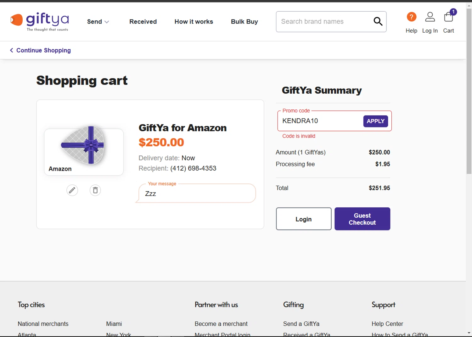 GiftYa promo code screenshot showing code KENDRA10 applied at GiftYa checkout page. Uploaded by SimplyCodes community member Parangutirimicuaro on Jan 20, 2025