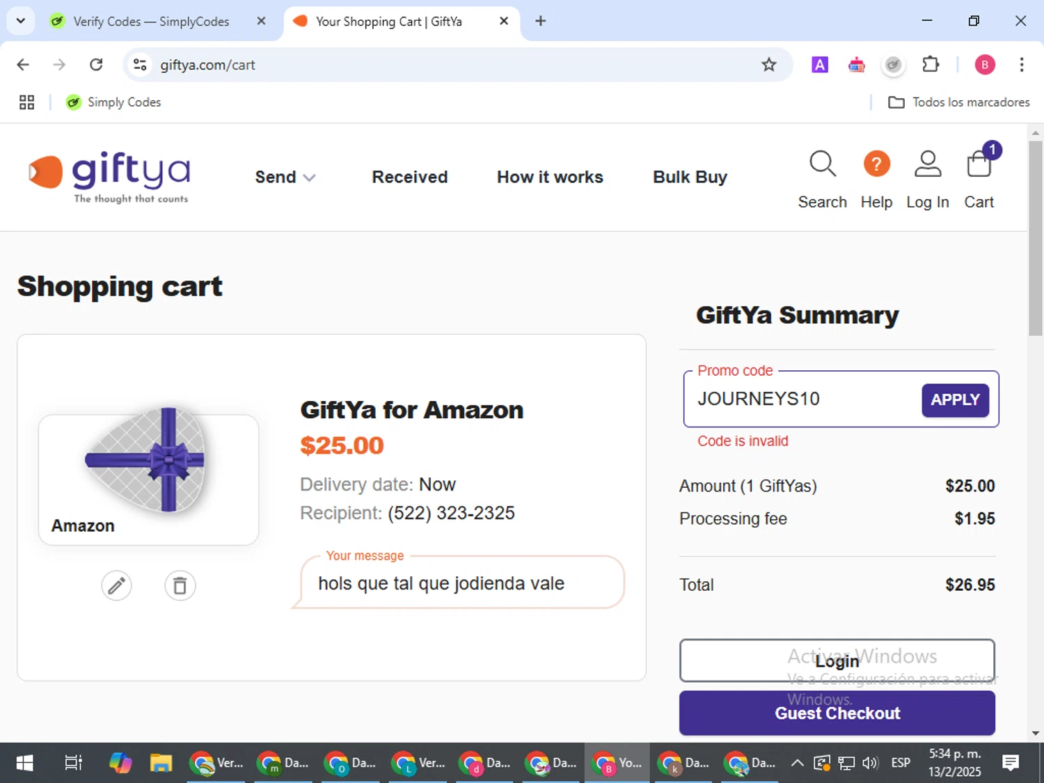 GiftYa promo code screenshot showing code JOURNEYS10 applied at GiftYa checkout page. Uploaded by SimplyCodes community member bombontropical on Feb 13, 2025