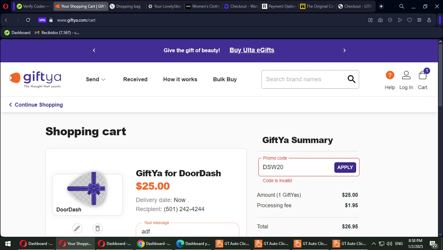 GiftYa promo code screenshot showing code DSW20 applied at GiftYa checkout page. Uploaded by SimplyCodes community member MaitoGai on Jan 3, 2025