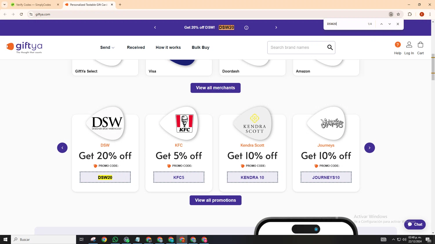 GiftYa checkout page showing GiftYa promo code box | Screenshot taken by SimplyCodes community member on Dec 22, 2024