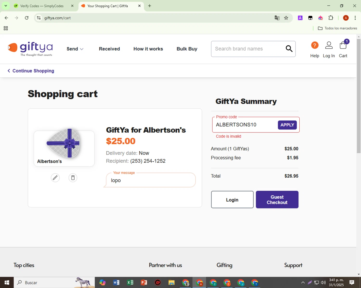 GiftYa promo code screenshot showing code ALBERTSONS10 applied at GiftYa checkout page. Uploaded by SimplyCodes community member BonusShopper323 on Jan 31, 2025
