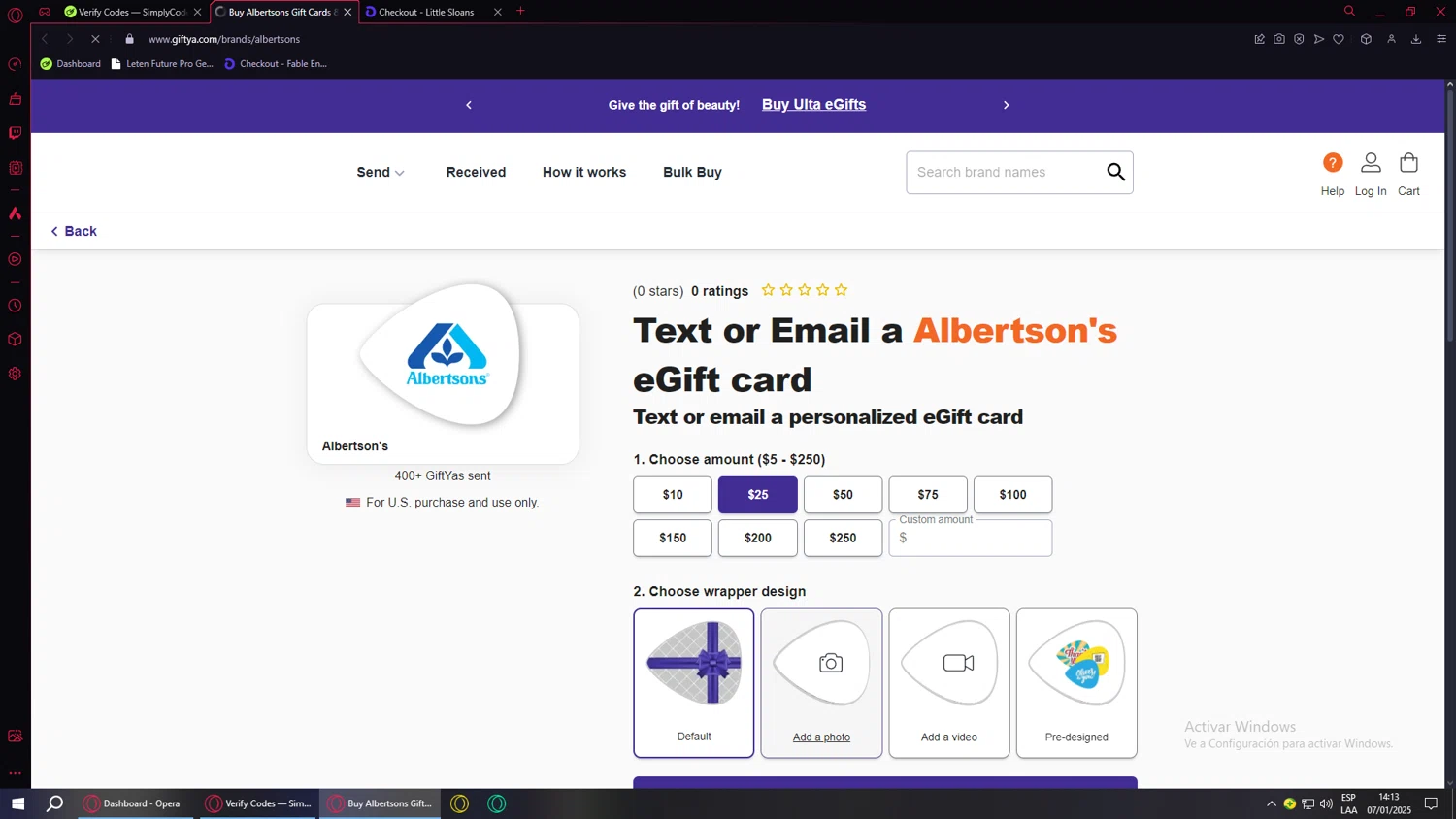 GiftYa promo code screenshot showing code ALBERTSONS10 applied at GiftYa checkout page. Uploaded by SimplyCodes community member SwiftVoyager5067 on Jan 7, 2025