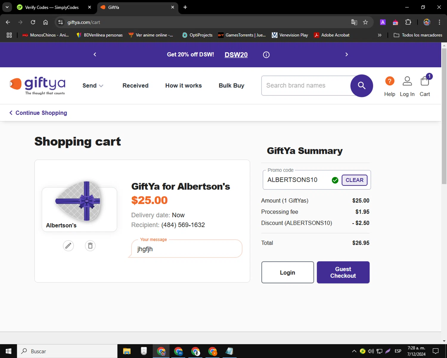 GiftYa checkout page showing GiftYa promo code box | Screenshot taken by SimplyCodes community member on Dec 7, 2024