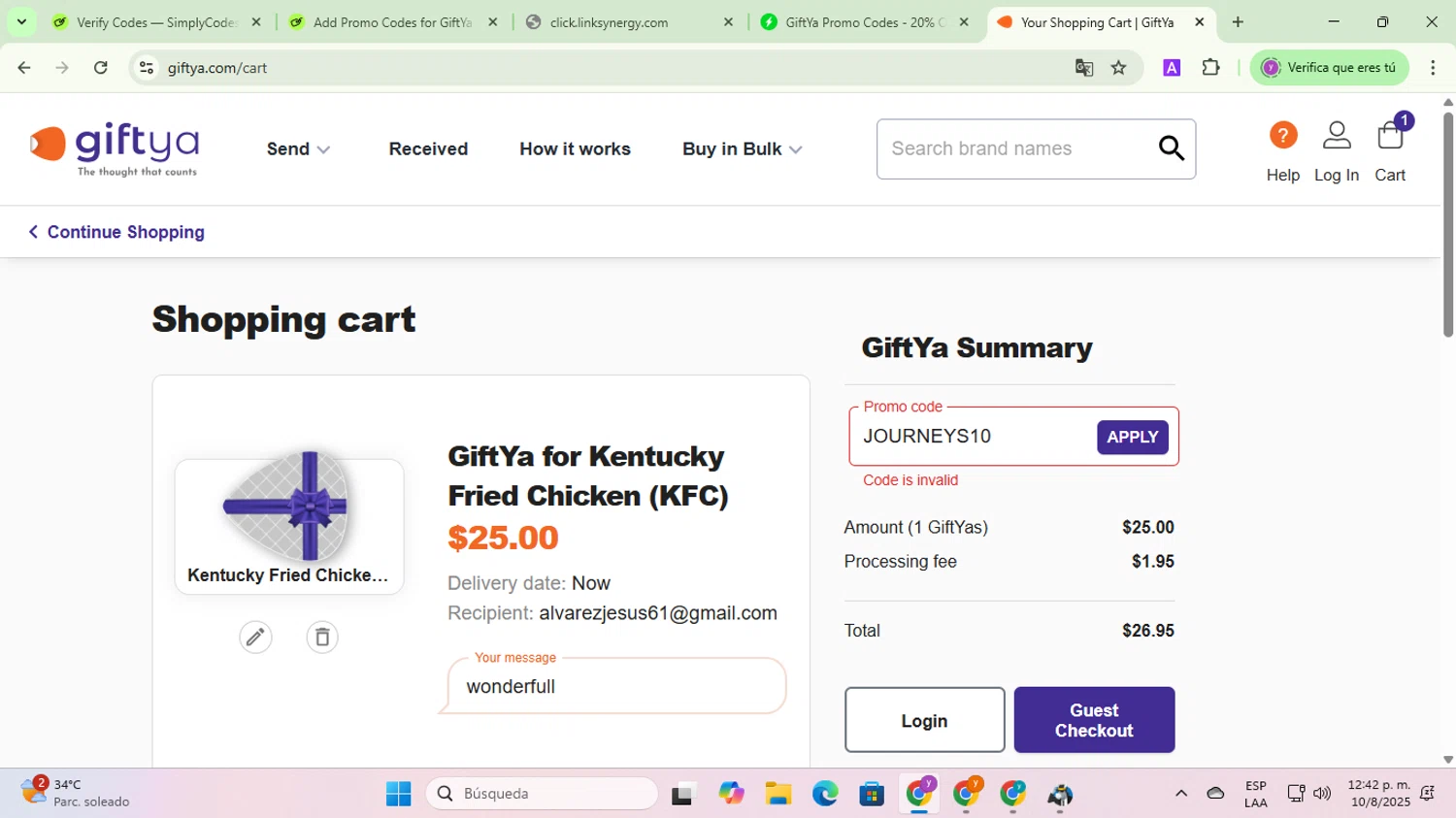 GiftYa promo code screenshot showing code JOURNEYS10 applied at GiftYa checkout page. Uploaded by SimplyCodes community member jesusalvarez1 on Aug 10, 2025