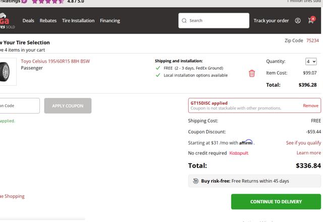 Giga Tires checkout page showing Giga Tires coupon code box | Screenshot taken by SimplyCodes community member on Sep 3, 2025