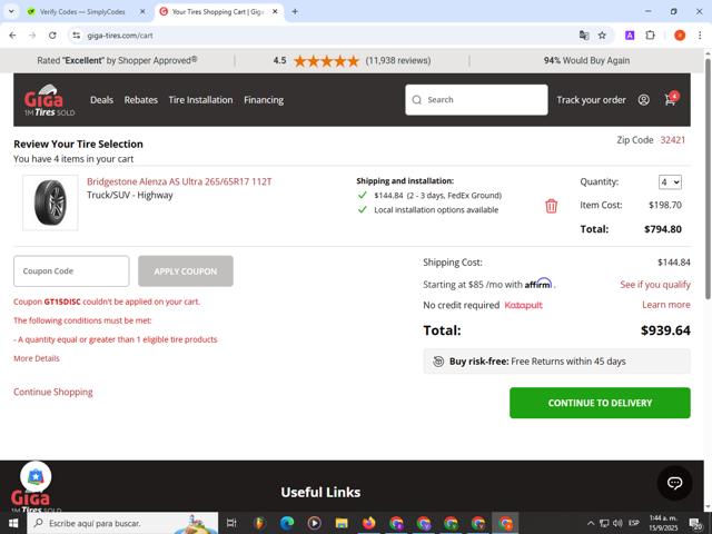 Giga Tires checkout page showing Giga Tires coupon code box | Screenshot taken by SimplyCodes community member on Sep 15, 2025