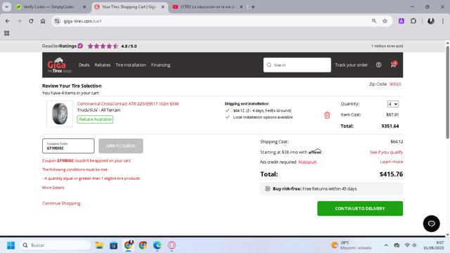 Giga Tires checkout page showing Giga Tires coupon code box | Screenshot taken by SimplyCodes community member on Aug 31, 2025