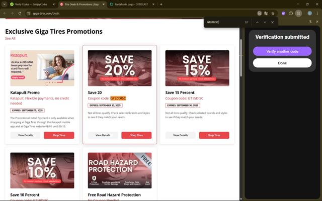 Giga Tires checkout page showing Giga Tires coupon code box | Screenshot taken by SimplyCodes community member on Sep 12, 2025