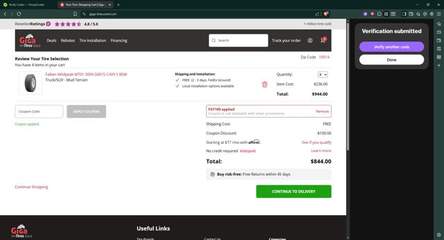 Giga Tires checkout page showing Giga Tires coupon code box | Screenshot taken by SimplyCodes community member on Sep 2, 2025