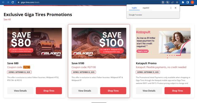 Giga Tires checkout page showing Giga Tires coupon code box | Screenshot taken by SimplyCodes community member on Sep 1, 2025