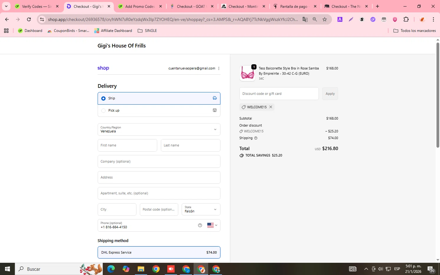 Gigi's House of Frills checkout page showing Gigi's House of Frills promo code box | Screenshot taken by SimplyCodes community member on Jan 21, 2026