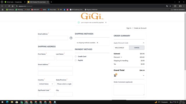 Gigi Spa checkout page showing Gigi Spa discount code box | Screenshot taken by SimplyCodes community member on Nov 28, 2024