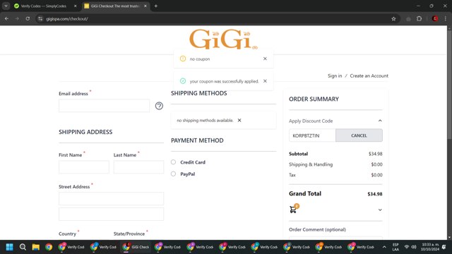 Gigi Spa checkout page showing Gigi Spa discount code box | Screenshot taken by SimplyCodes community member on Oct 10, 2024
