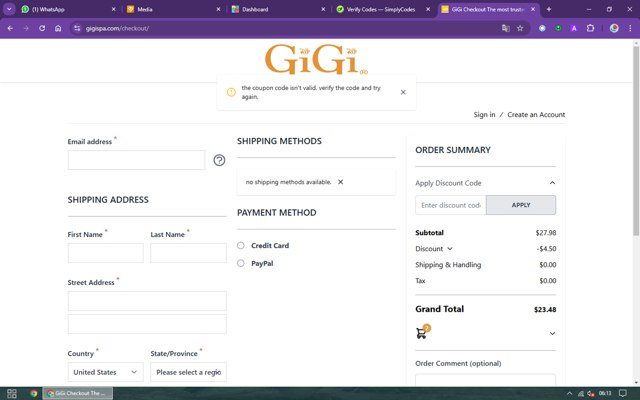 Gigi Spa checkout page showing Gigi Spa discount code box | Screenshot taken by SimplyCodes community member on Nov 6, 2024
