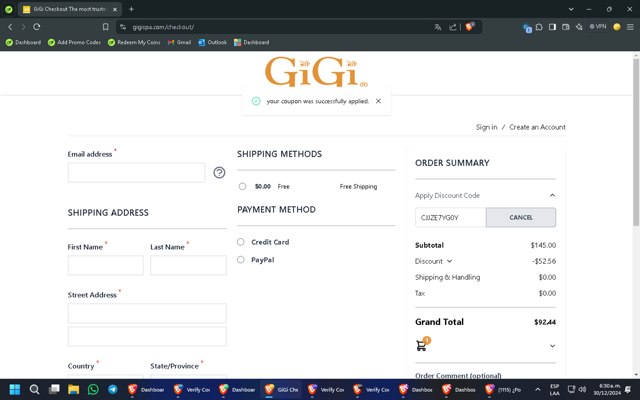 Gigi Spa checkout page showing Gigi Spa discount code box | Screenshot taken by SimplyCodes community member on Dec 30, 2024