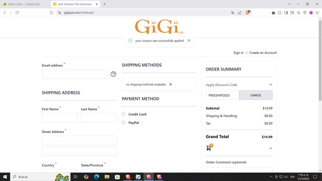 Gigi Spa checkout page showing Gigi Spa discount code box | Screenshot taken by SimplyCodes community member on Mar 21, 2025