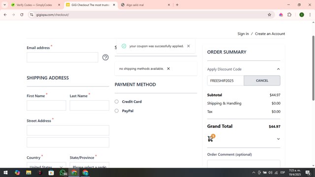Gigi Spa checkout page showing Gigi Spa discount code box | Screenshot taken by SimplyCodes community member on Apr 19, 2025