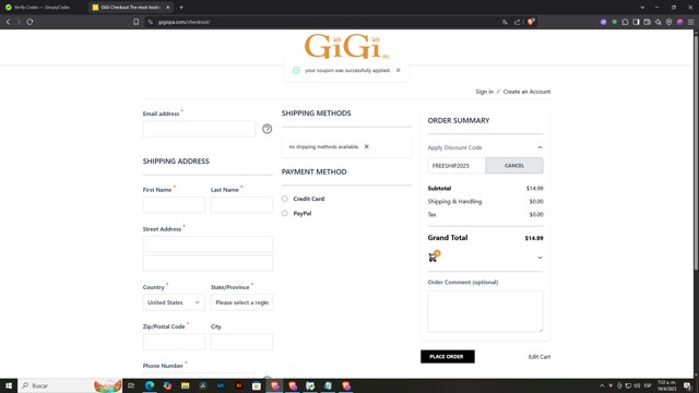 Gigi Spa checkout page showing Gigi Spa discount code box | Screenshot taken by SimplyCodes community member on Apr 19, 2025