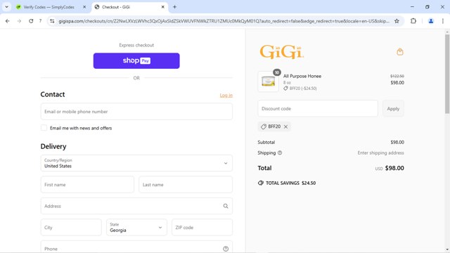 Gigi Spa checkout page showing Gigi Spa discount code box | Screenshot taken by SimplyCodes community member on Jun 4, 2025