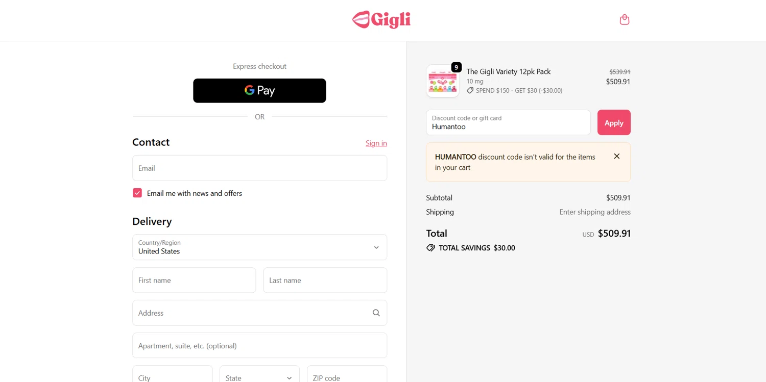 Gigli discount code screenshot showing code Humantoo applied at Gigli checkout page. Uploaded by SimplyCodes community member BrilliantVoyager5752 on Oct 16, 2025
