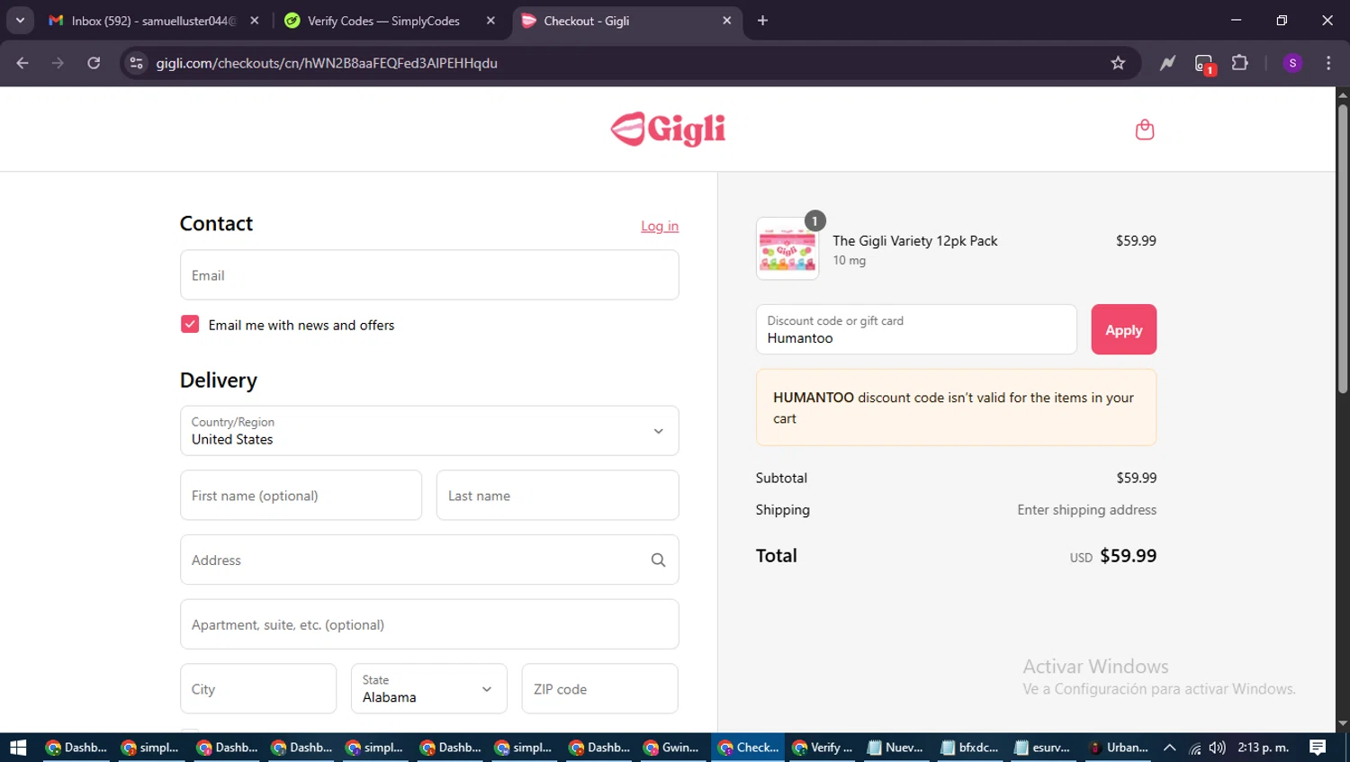 Gigli discount code screenshot showing code Humantoo applied at Gigli checkout page. Uploaded by SimplyCodes community member ShieldWarden7838 on Aug 24, 2025
