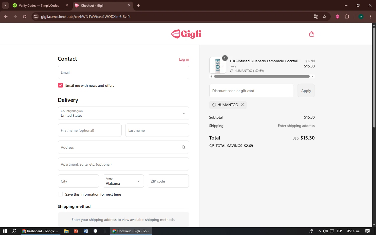Gigli discount code screenshot showing code Humantoo applied at Gigli checkout page. Uploaded by SimplyCodes community member zizu55 on Aug 7, 2025