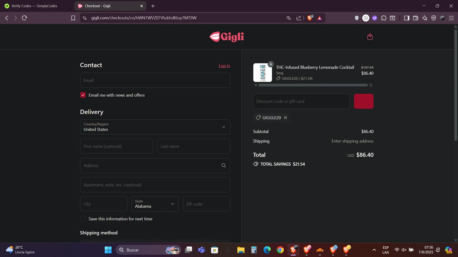 Gigli discount code screenshot showing code GIGGLE20 applied at Gigli checkout page. Uploaded by SimplyCodes community member Caraxes on Aug 7, 2025