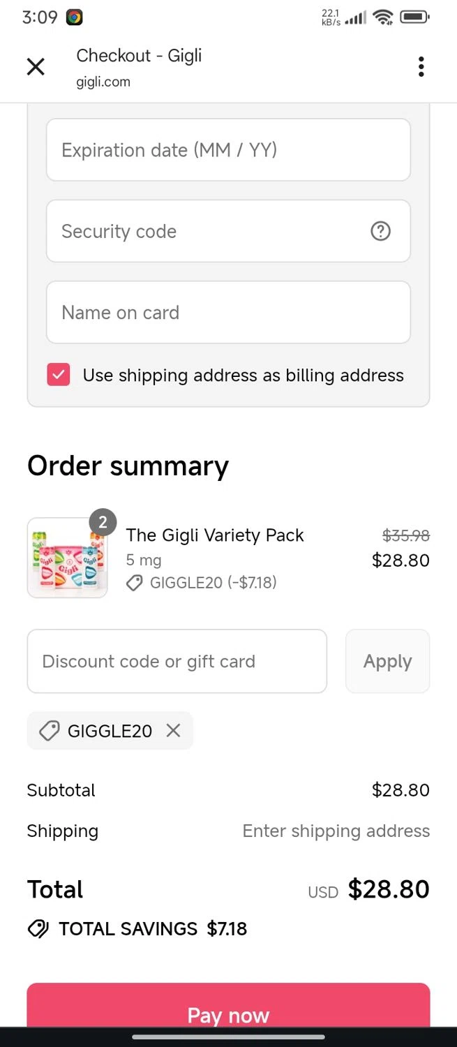 Gigli discount code screenshot showing code GIGGLE20 applied at Gigli checkout page. Uploaded by SimplyCodes community member SilverMaven7655 on Sep 6, 2025