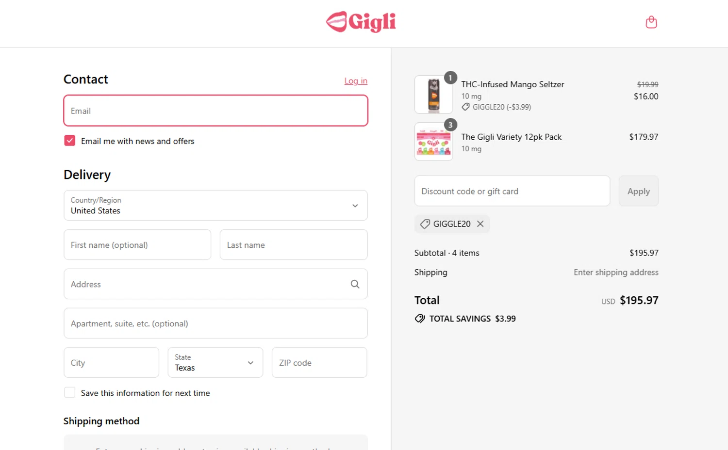 Gigli discount code screenshot showing code GIGGLE20 applied at Gigli checkout page. Uploaded by SimplyCodes community member VictoriousFinder8211 on Aug 15, 2025