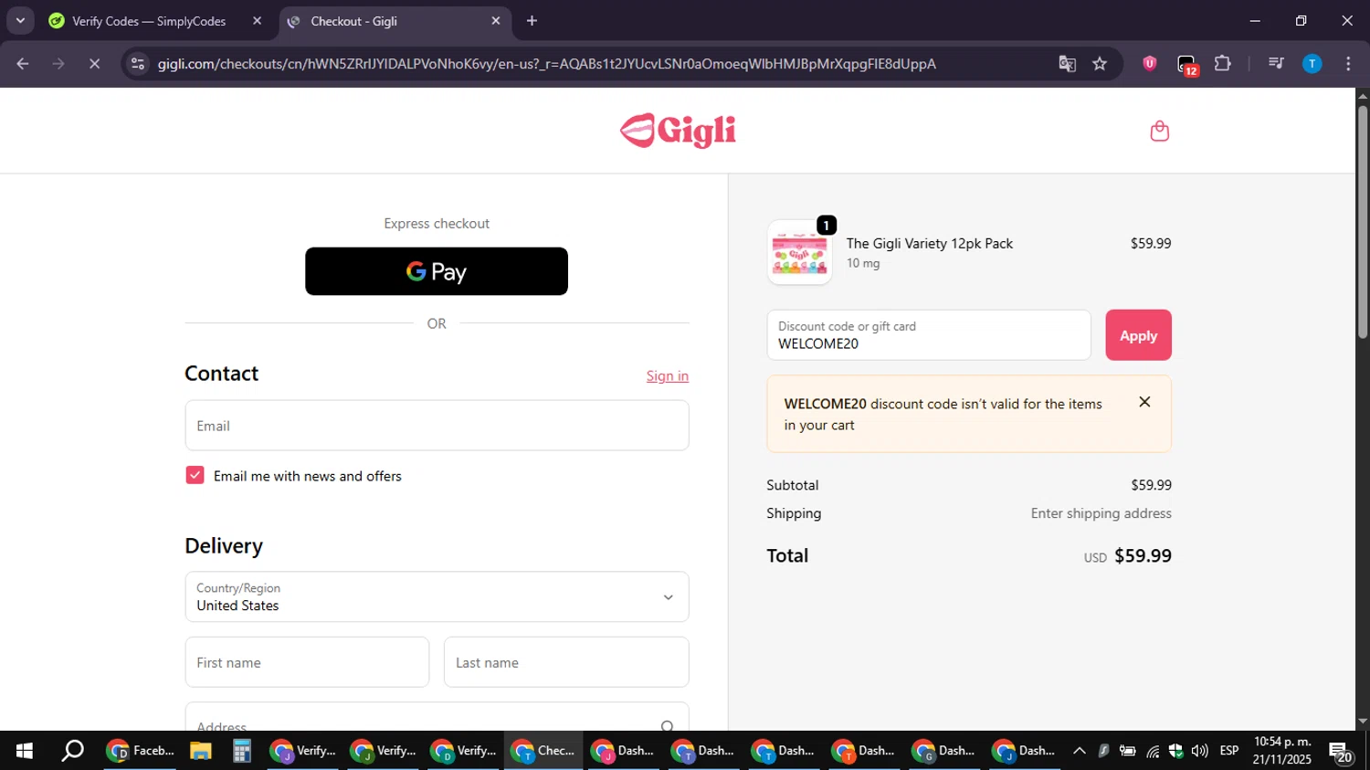 Gigli discount code screenshot showing code WELCOME20 applied at Gigli checkout page. Uploaded by SimplyCodes community member hankt1521 on Nov 22, 2025