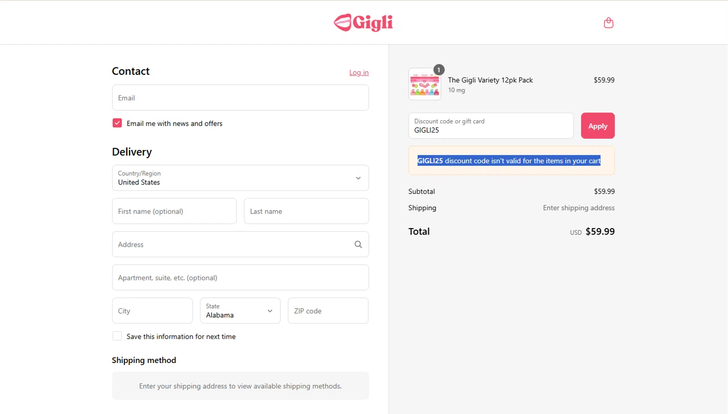 Gigli discount code screenshot showing code GIGLI25 applied at Gigli checkout page. Uploaded by SimplyCodes community member Marboroooooooooooo on Aug 15, 2025