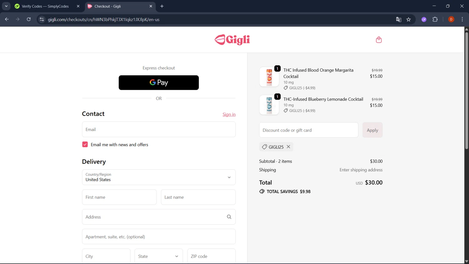 Gigli discount code screenshot showing code GIGLI25 applied at Gigli checkout page. Uploaded by SimplyCodes community member RoyalSaver3150 on Oct 1, 2025
