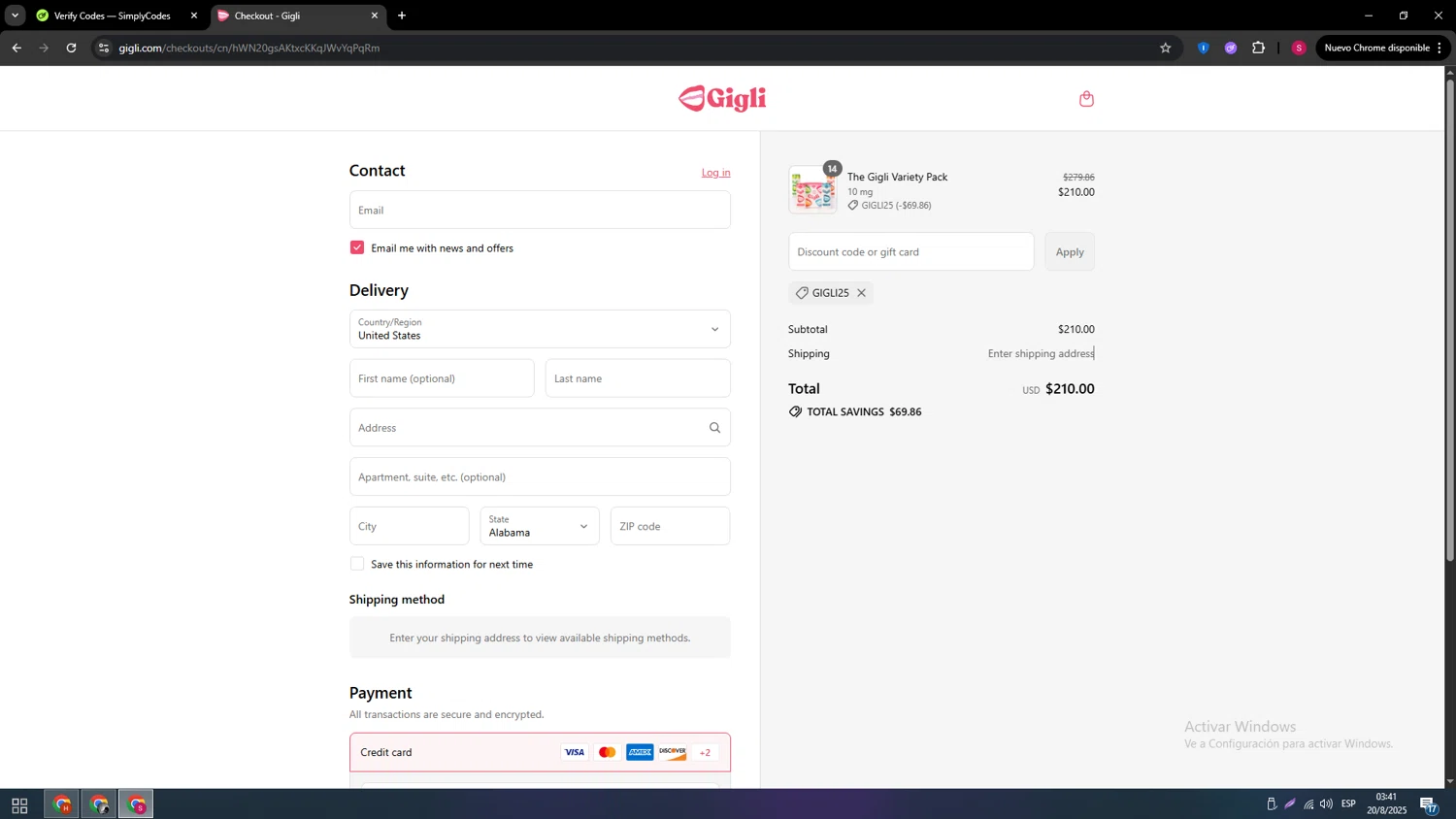 Gigli discount code screenshot showing code GIGLI25 applied at Gigli checkout page. Uploaded by SimplyCodes community member usenameeeee on Aug 20, 2025
