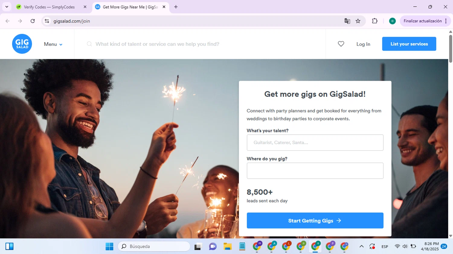 Gigsalad promo code screenshot showing code GETGIGS applied at Gigsalad checkout page. Uploaded by SimplyCodes community member SavingsSaver1804 on Apr 19, 2025